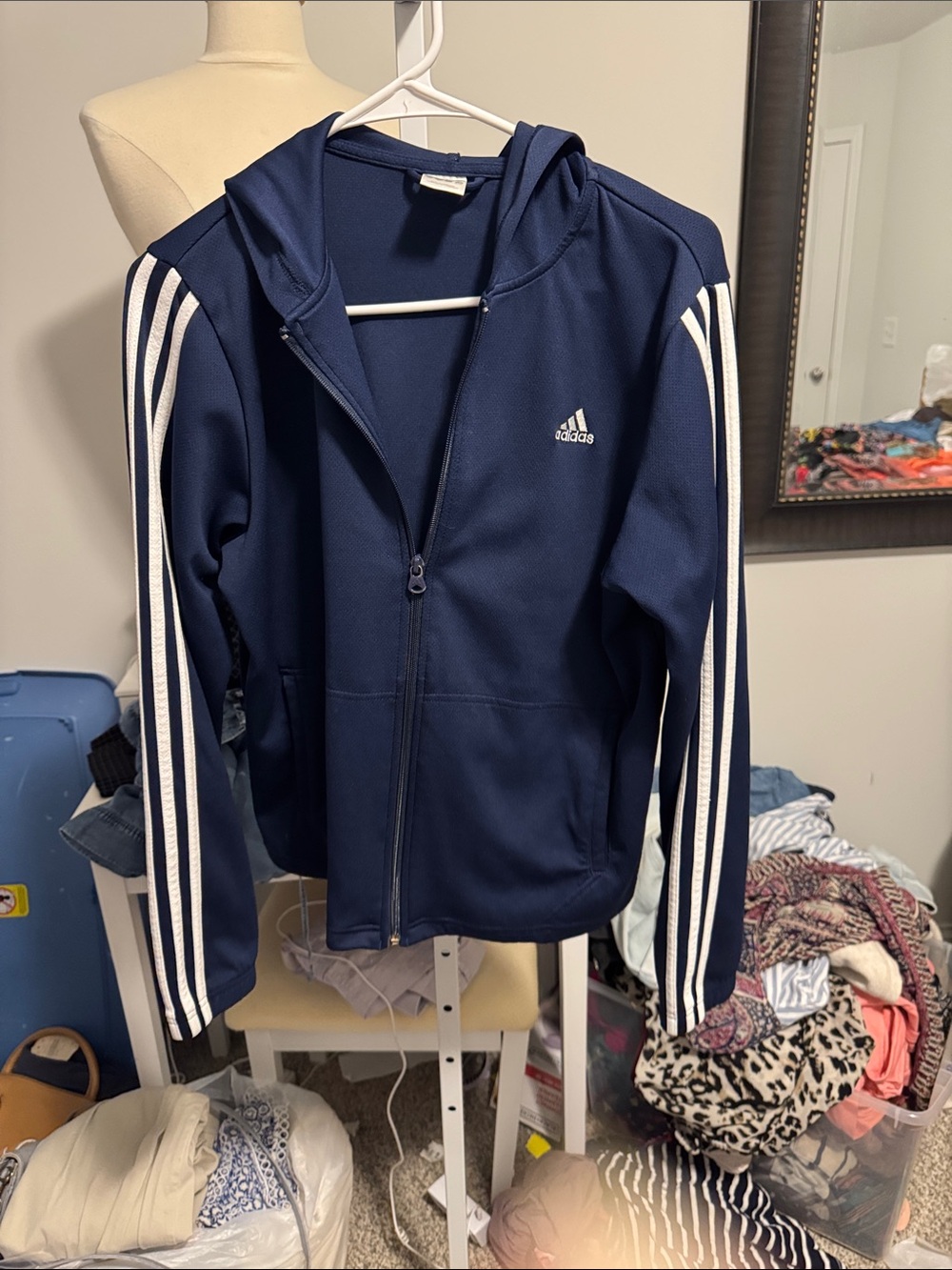 adidas Navy Blue Hooded Track Jacket with White Stripes